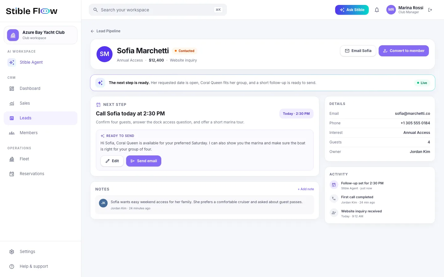 Stible Flow CRM lead profile showing follow-up activity, notes, and member conversion